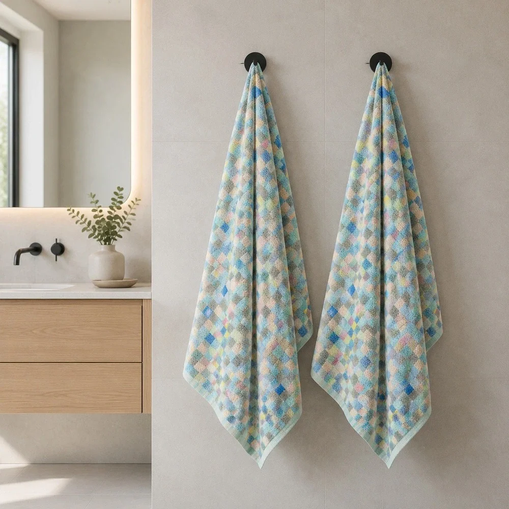 Modern Classic 100% Cotton Bath Towel Set Multi Color Checkered Pattern 30x52